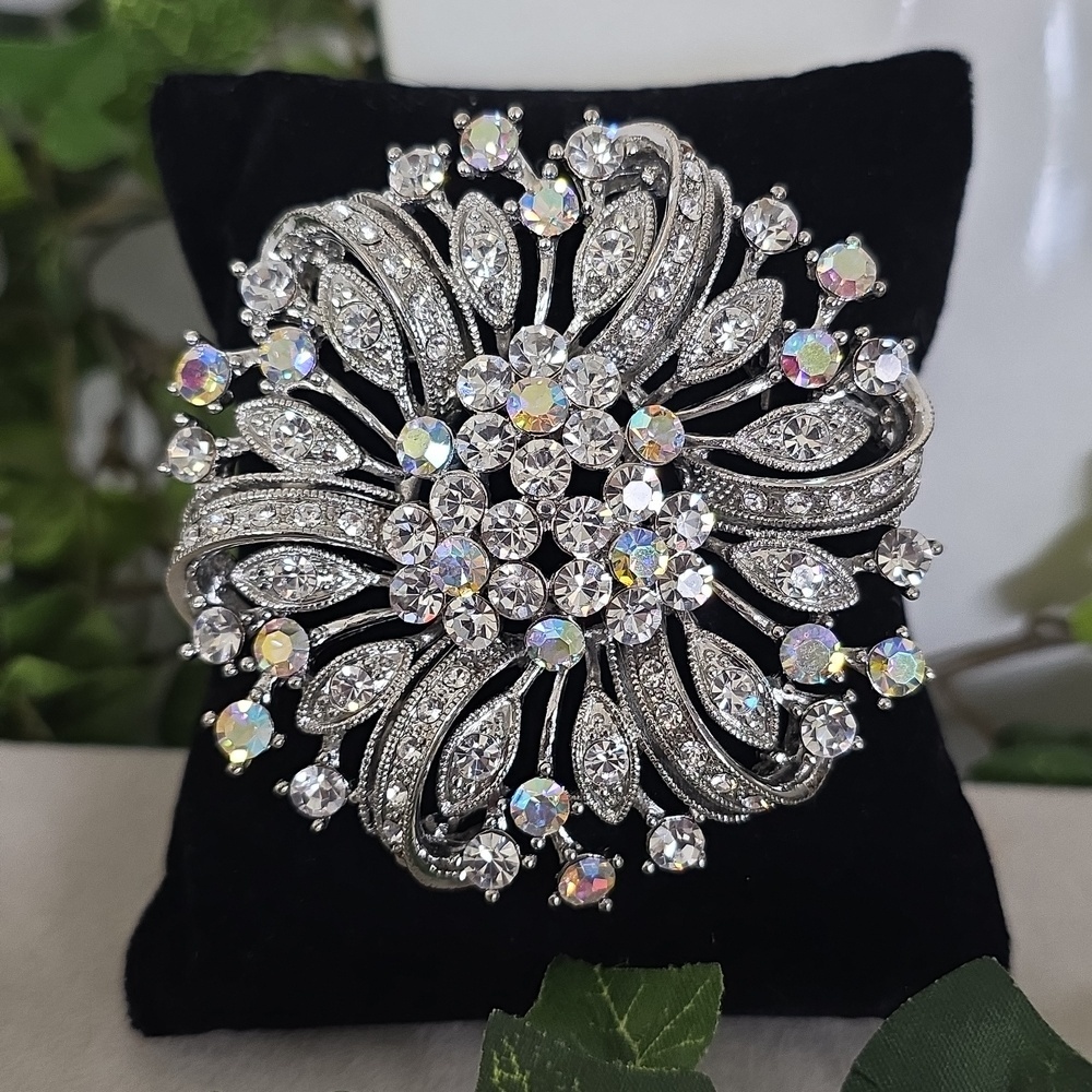 Vintage Statement Silver Aurora Borealis & Clear Rhinestone Floral Brooch Pin